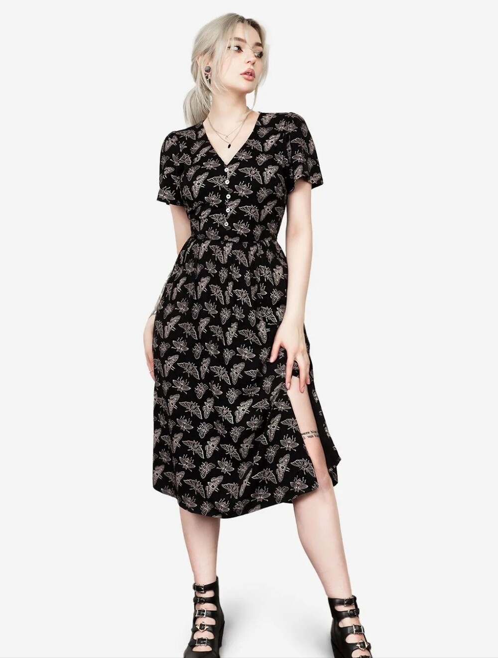 Disturbia Black Midi Dress with Cream Moth Print